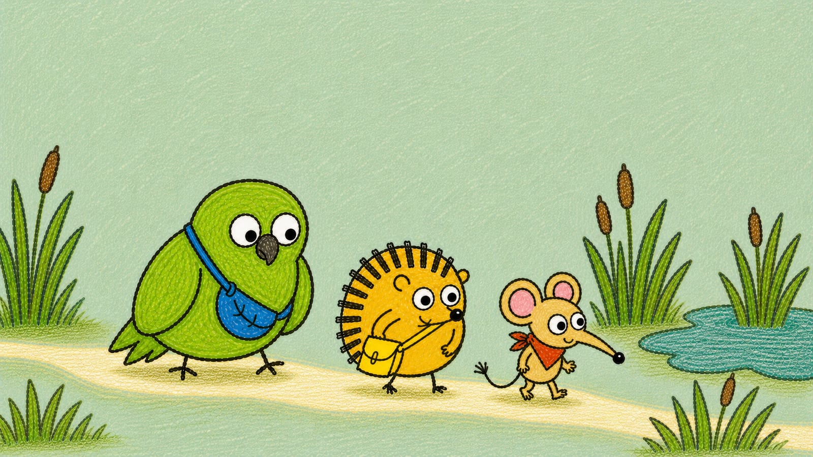 Moss the green kākāpō, Kito the golden tenrec, and Sivi the little sengi walking together on a crayon-drawn path.
